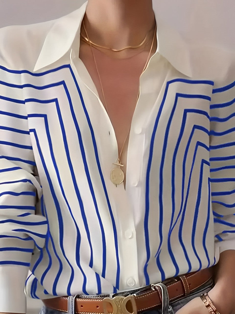 Camisa Listrada Elegante com Botões Frontais – Zaira [FRETE FULL]