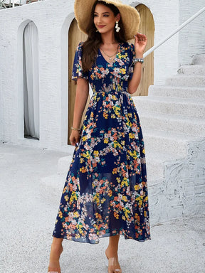 Vestido Midi Floral Fluido com Decote em V e Mangas Curtas – Salma [FRETE FULL]