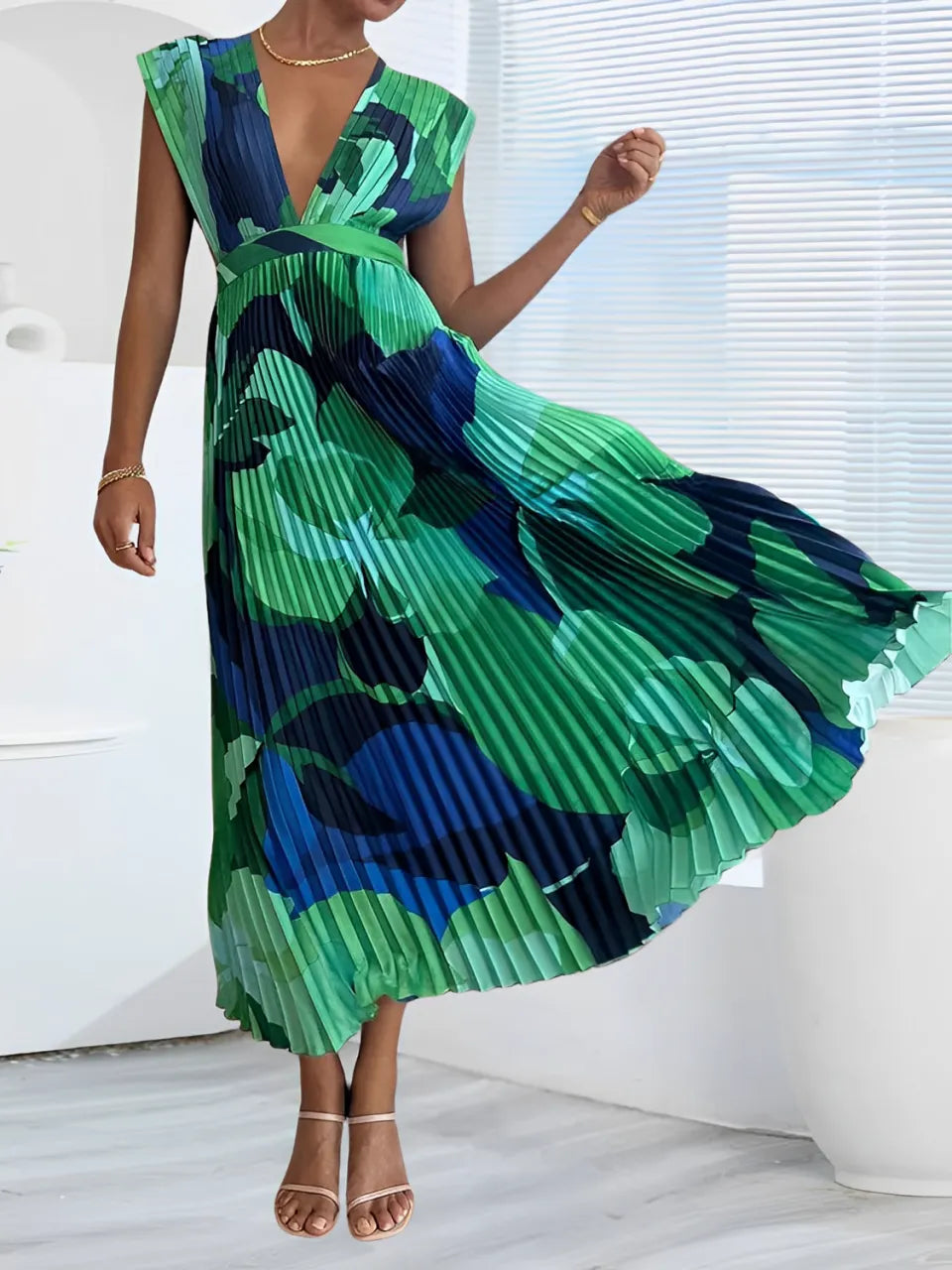 Vestido Midi Plissado Estampado com Decote em V Elegante – Adriene