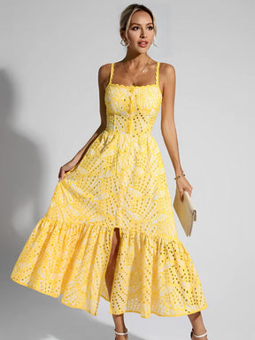 Vestido Midi de Laise com Babados Delicados e Elástico nas Costas – Marina [FRETE FULL]