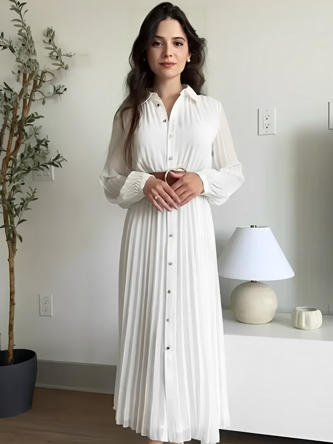 Vestido Chemise Midi Plissado com Botões Frontais – Fleur