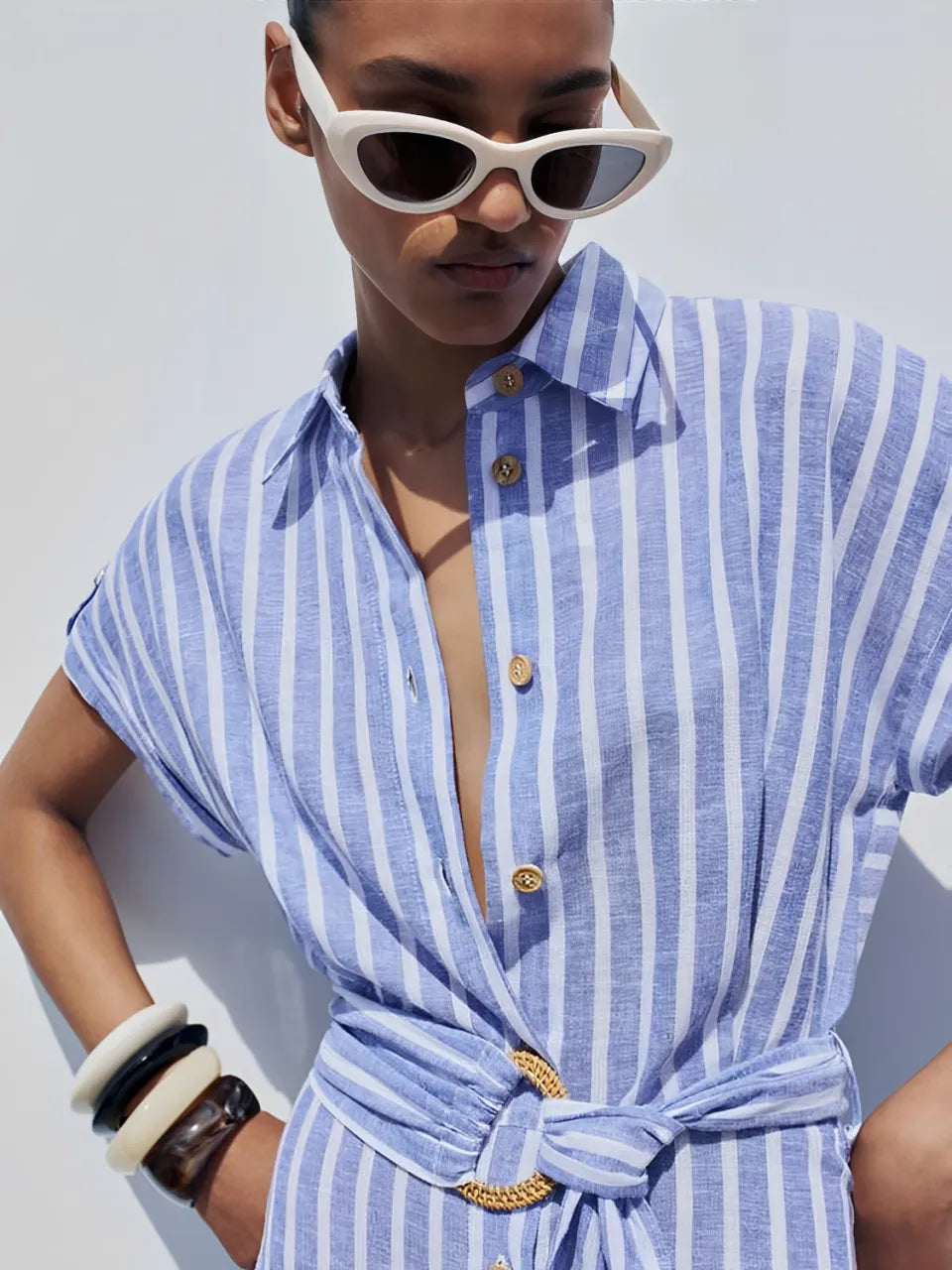 Vestido Chemise Midi em Linho com Botões Frontais e Cinto-Faixa – Jessie