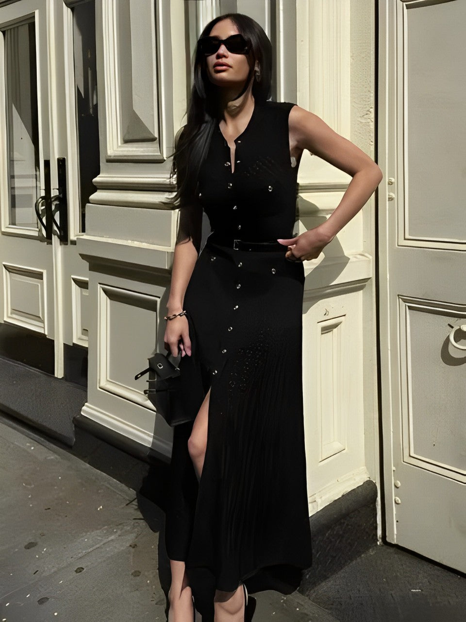Vestido Midi de Tricô Sem Mangas com Abertura Frontal de Botões – Manon [FRETE FULL]