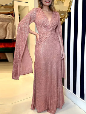 Vestido Feminino Longo de Festa Paêtes Decote em V e Nó na Cintura  - Dafne [FRETE FULL]