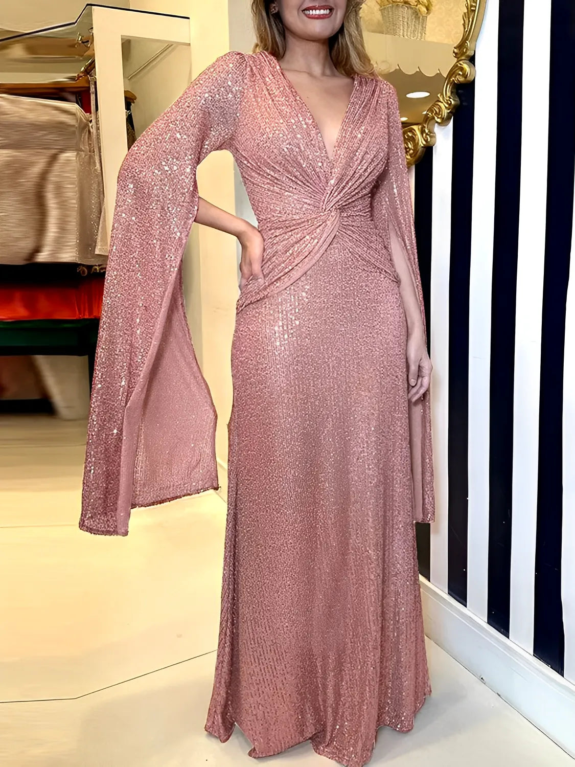 Vestido Longo de Festa em Paetês com Decote em V e Nó na Cintura – Dafne
