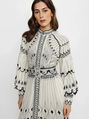 Vestido Midi Estampado com Gola Padre Cinto e Mangas Longas - Mia