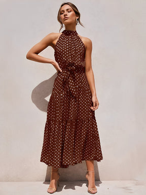 Vestido Midi em Poá Acinturado Decote Halter e Saia em Camadas – Andressa