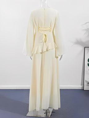 Vestido Longo de Festa em Chiffon com Manga Sino Babado e Amarração - Rubia