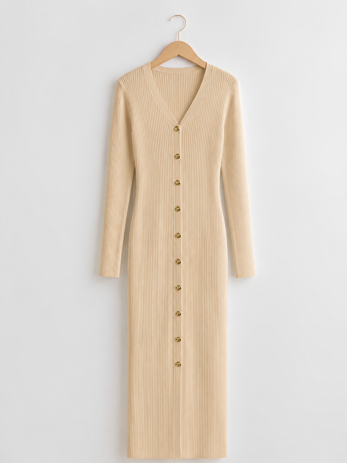 Vestido Midi Canelado Manga Longa com Decote V e Botões Frontais - Iracema