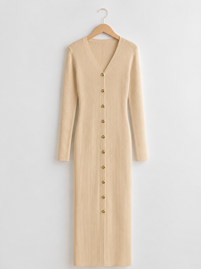 Vestido Midi Canelado Manga Longa com Decote V e Botões Frontais - Iracema