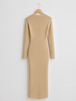 Vestido Midi Canelado Manga Longa com Decote V e Botões Frontais - Iracema