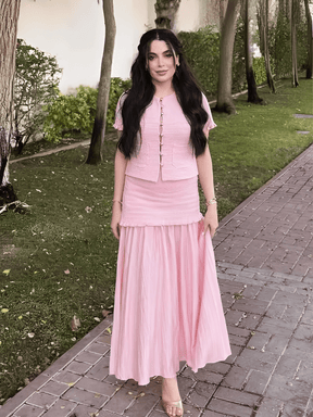 Conjunto Tweed de Blusa com Bolsos e Saia Longa com Duas Camadas - Suiany