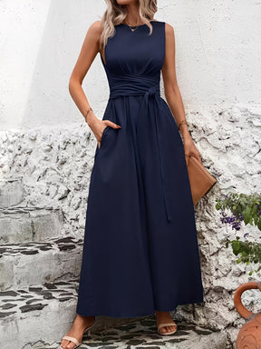 Vestido Longo Regata Acinturado com Faixa Ajustável e Bolsos – Amira [FRETE FULL]