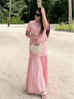 Conjunto Tweed de Blusa com Bolsos e Saia Longa com Duas Camadas - Suiany