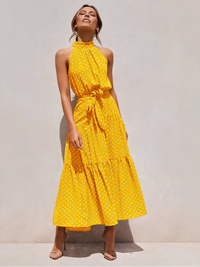 Vestido Midi em Poá Acinturado Decote Halter e Saia em Camadas – Andressa [FRETE FULL]