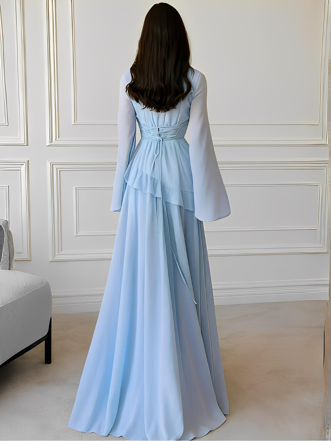 Vestido Longo de Festa em Chiffon com Manga Sino Babado e Amarração - Rubia