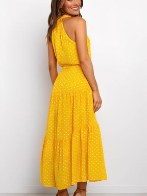 Vestido Midi em Poá Acinturado Decote Halter e Saia em Camadas – Andressa [FRETE FULL]