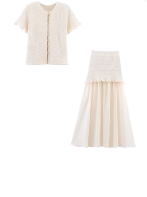 Conjunto Tweed de Blusa com Bolsos e Saia Longa com Duas Camadas - Suiany