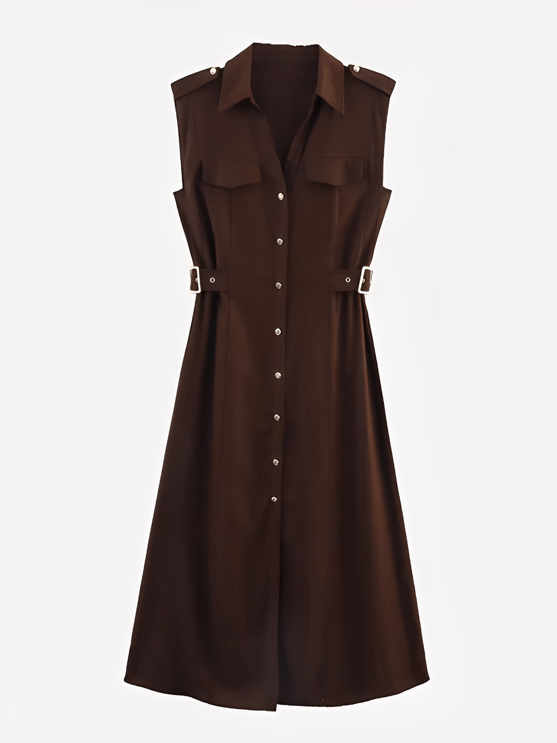 Vestido Midi Chemise Sem Mangas com Botões Dourados e Fivelas – Melina