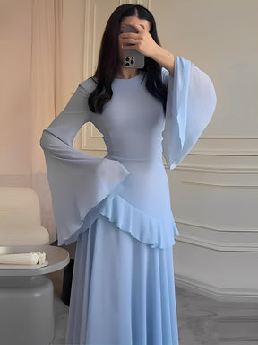 Vestido Longo de Festa em Chiffon com Manga Sino Babado e Amarração - Rubia