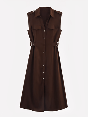 Vestido Midi Chemise Sem Mangas com Botões Dourados e Fivelas – Melina