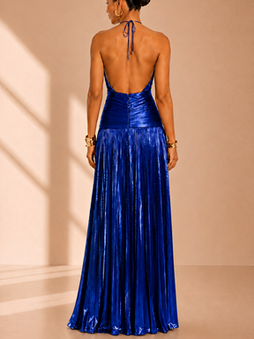 Vestido Longo Plissado Acetinado Decote Halter com Fenda Elegante - Noelia