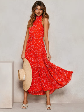 Vestido Midi em Poá Acinturado Decote Halter e Saia em Camadas – Andressa [FRETE FULL]