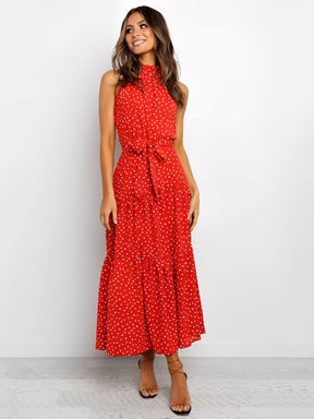 Vestido Midi em Poá Acinturado Decote Halter e Saia em Camadas – Andressa [FRETE FULL]