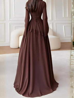 Vestido Longo de Festa em Chiffon com Manga Sino Babado e Amarração - Rubia