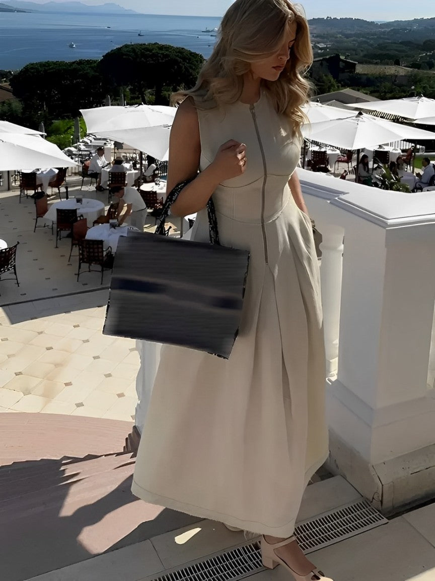 Vestido Longo com Zíper no Busto, Cintura Império e Bolsos – Liriel [FRETE FULL]