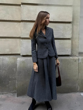 Conjunto de Blazer com Colarinho e Saia Midi em Lã Batida - Anastacia