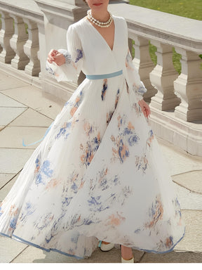 Vestido Longo Plissado Floral com Decote em V e Cinto-Faixa – Seraphina [FRETE FULL]