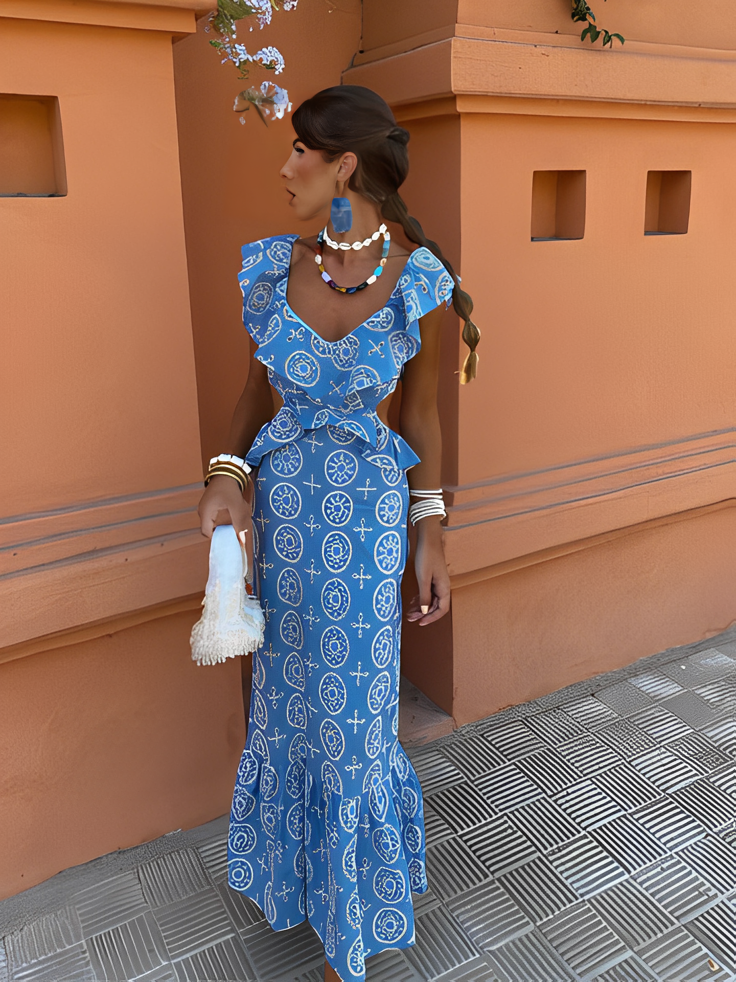 Vestido Longo Laise Recortes na Cintura e Babados - Catarina