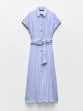 Vestido Chemise Midi em Linho com Botões Frontais e Cinto-Faixa – Jessie
