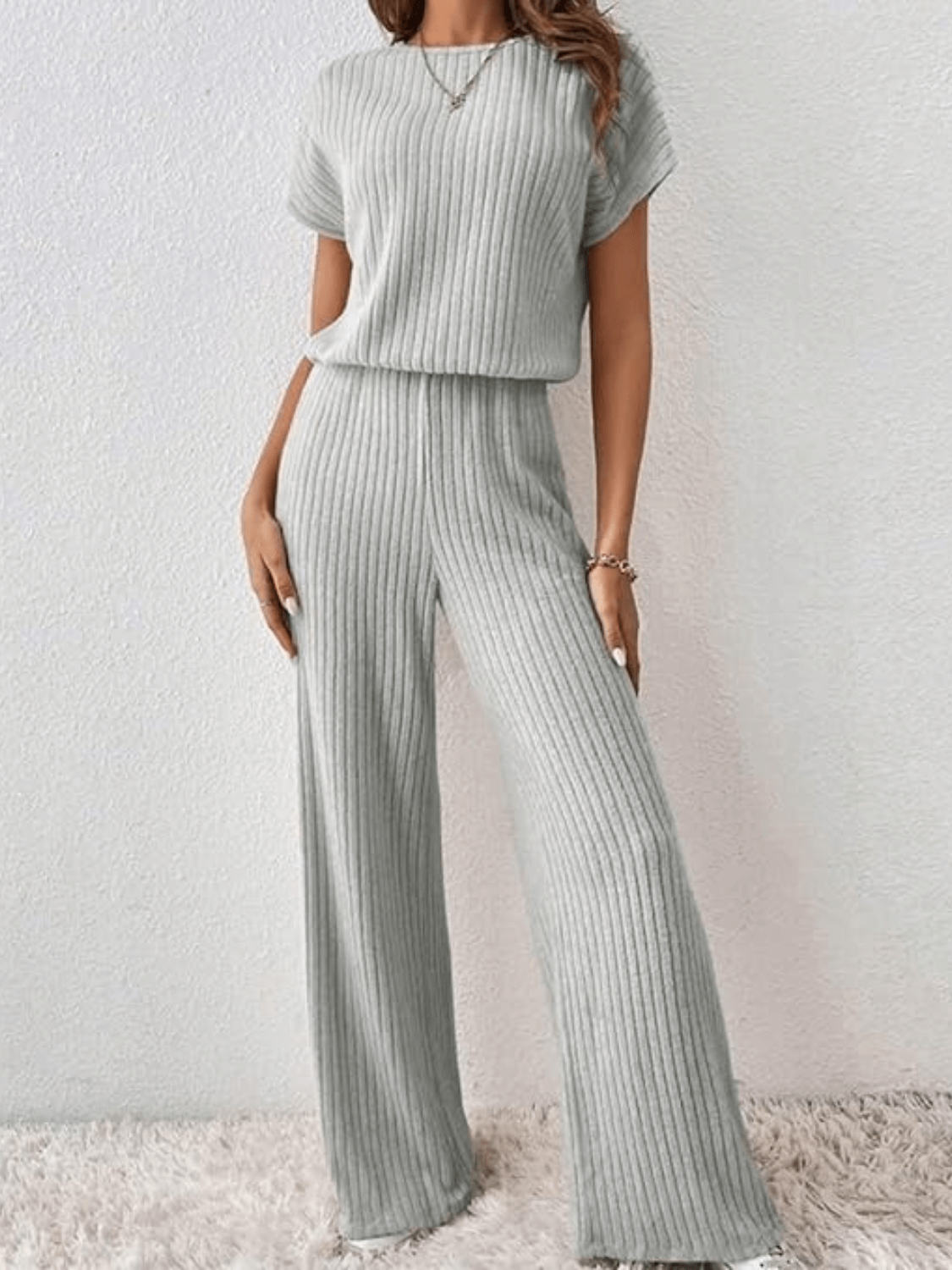 Conjunto Canelado com Blusa Manga Morcego e Calça Pantalona – Maite