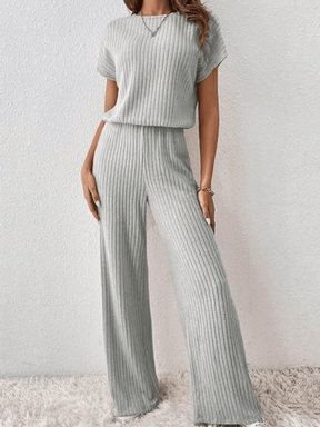 Conjunto Canelado com Blusa Manga Morcego e Calça Pantalona – Maite