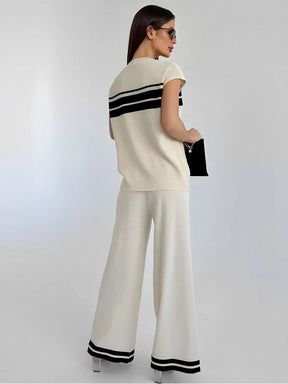 Conjunto em Viscose com Listras Blusa Manga Curta e Calça Solta - Emilia