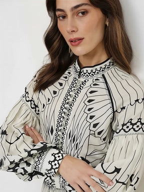 Vestido Midi Estampado com Gola Padre Cinto e Mangas Longas - Mia