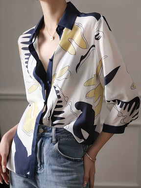Camisa Estampada Casual com Decote em V e Botões - Elara