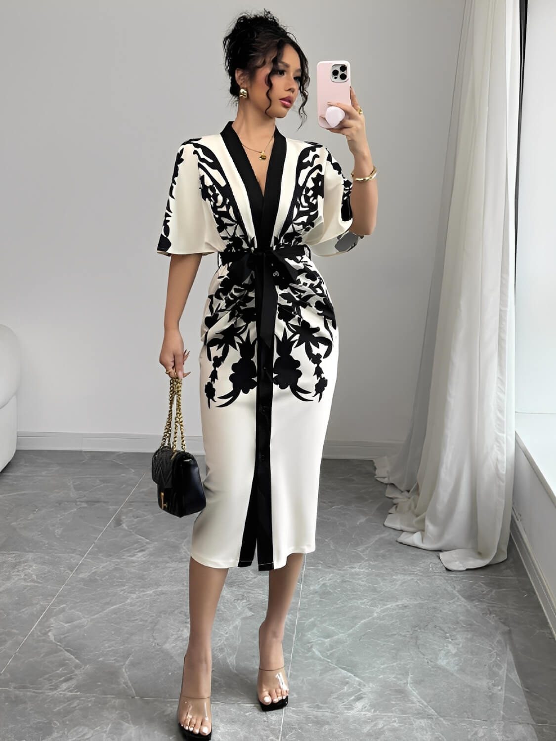 Vestido Midi Floral Arabesco com Manga Morcego Elegante - Inez