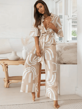 Macacão Longo Chemise Estampado Pantalona com Manga Sino e Faixa - Kendra
