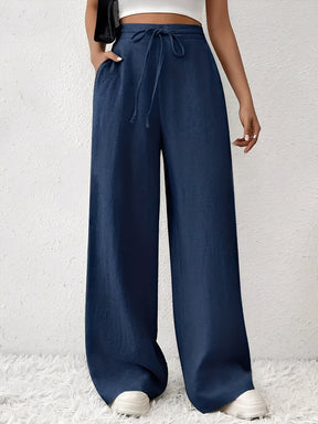 Calça Pantalona com Cintura Alta Elástica e Amarração Ajustável – Anya