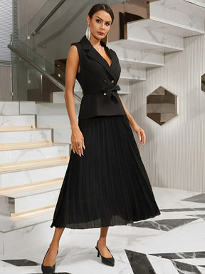 Vestido Midi de Alfaiataria Sem Mangas com Decote V Plissado – Simona [FRETE FULL]