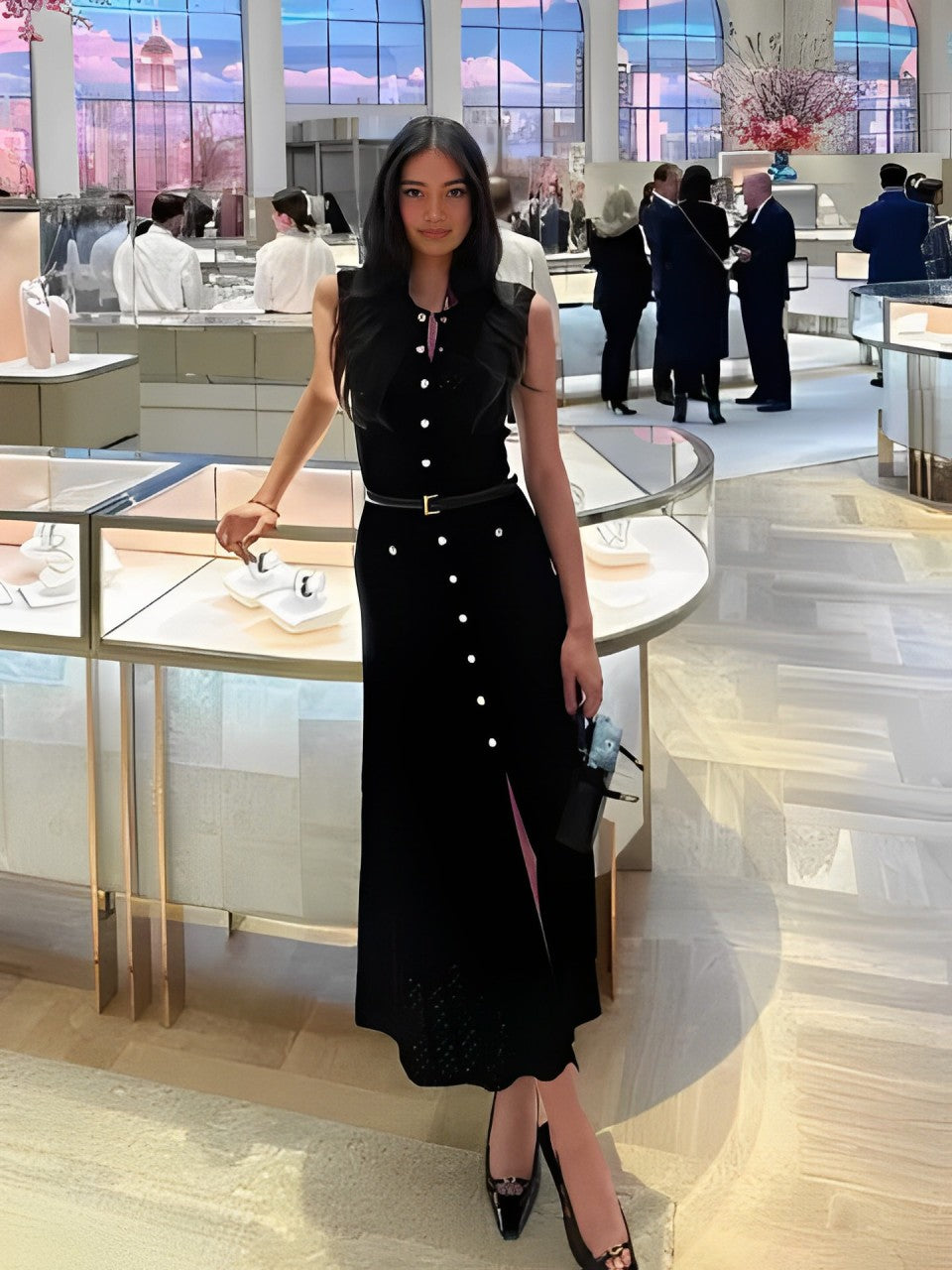 Vestido Midi de Tricô Sem Mangas com Abertura Frontal de Botões – Manon [FRETE FULL]