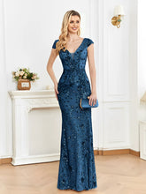 Vestido Longo de Festa Sereia Bordado com Tule e Decote em V – Celeste