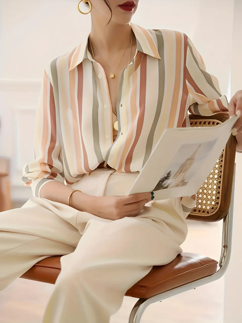 Camisa Social Listrada com Gola Clássica e Botões – Jasmine