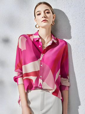 Camisa Estampada Elegante Rosa com Gola Polo e Botões - Rayra