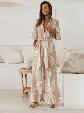 Macacão Longo Chemise Estampado Pantalona com Manga Sino e Faixa - Kendra