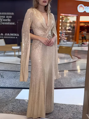 Vestido Longo de Festa em Paetês com Decote em V e Nó na Cintura – Dafne