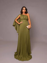 Vestido Longo de Festa com Capa no Ombro e Saia Plissada - Gabriella